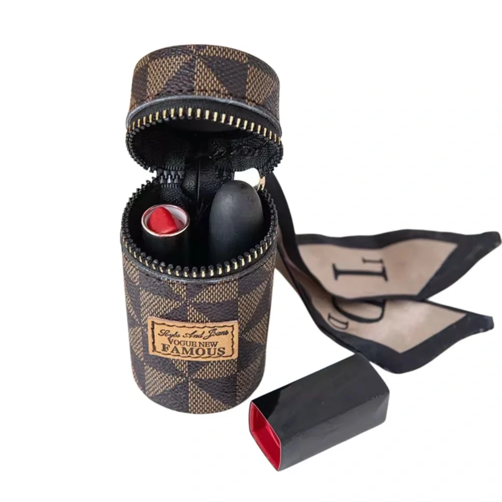 Luxury Inspired Lipstick Holder Keychain Mini Cosmetic Case Brown Checkered - Picture 2 of 3